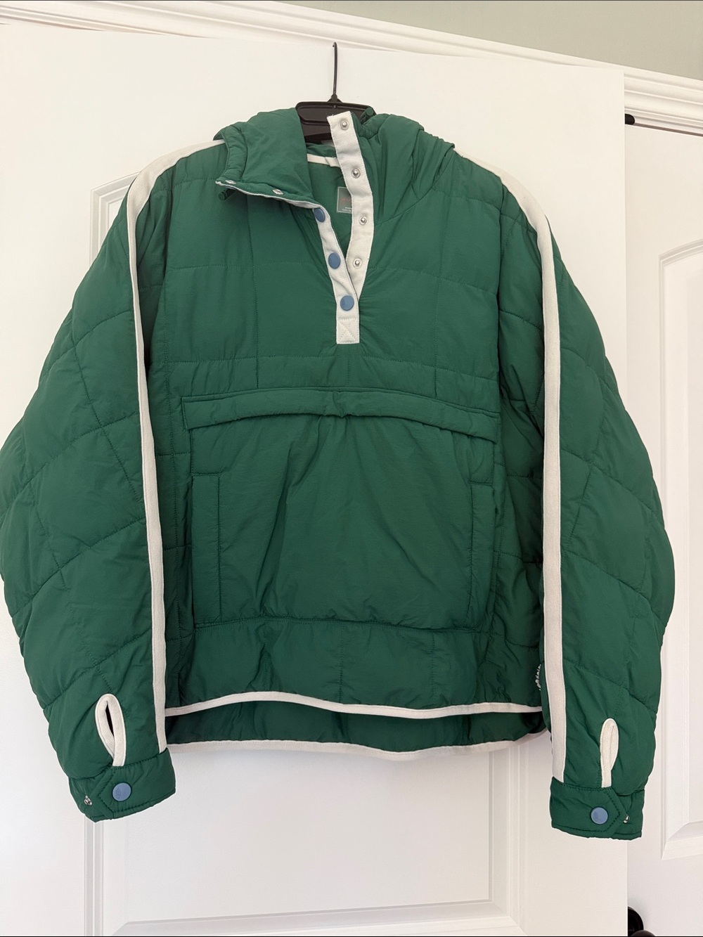 Free People Green Quilted Pullover Puffer with White Trim